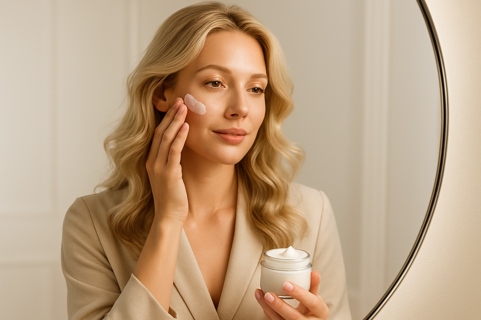 A stunning blonde woman with wavy hair, radiant skin, applying a luxurious face cream while looking into a mirror, wearing elegant clothing. The background is soft and minimalistic, emphasizing her beauty and confidence. High-resolution, photorealistic, professional lighting, suitable for a website hero image.