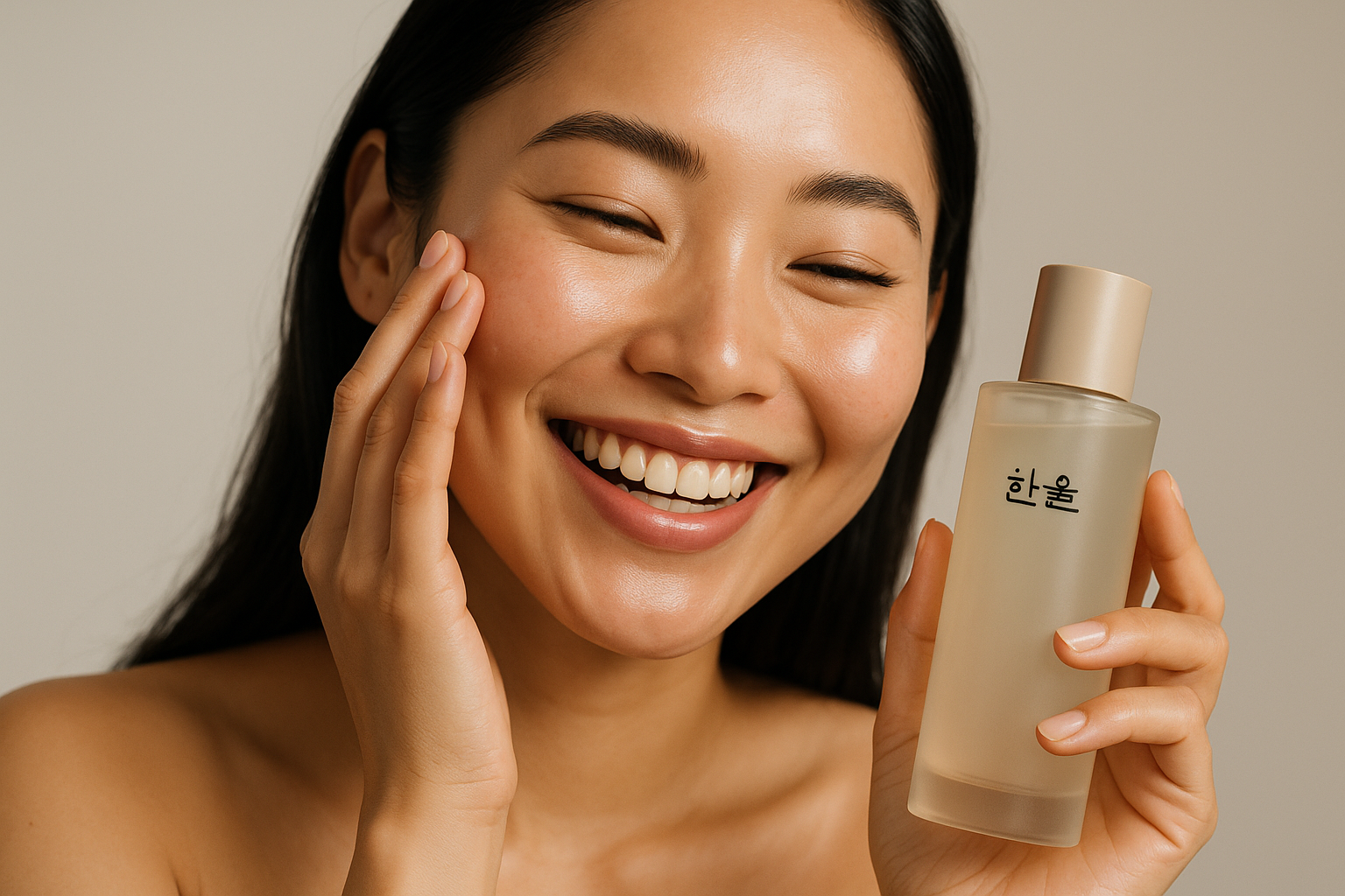 Gera uma modelo Asiatica ultra realista usando um produto koreano e feliz